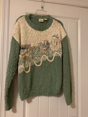 Needles & Yarn womens acryrlic 1980s vintage sweater green floral pearls MED